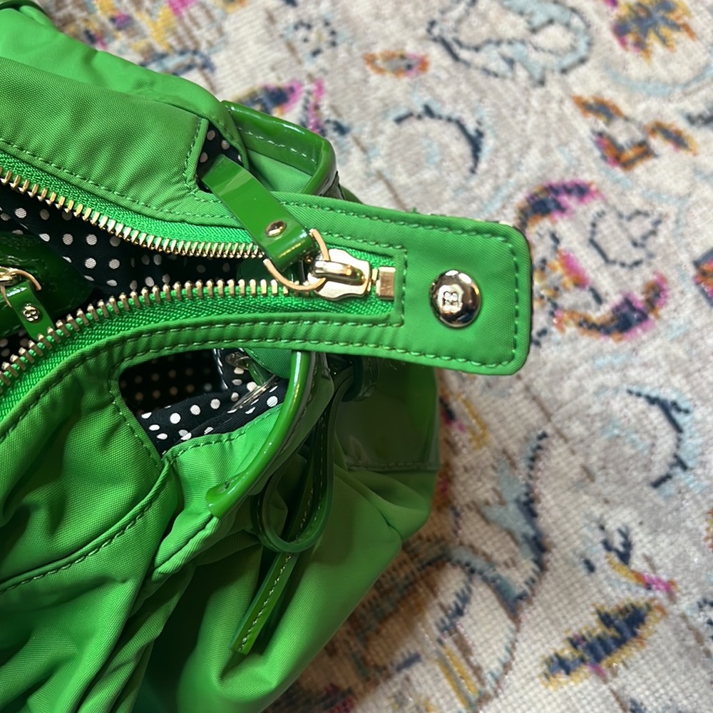 Vintage Kate Spade Stevie Green Nylon and Patent Leather Satchel Handbag - Picture 13 of 16
